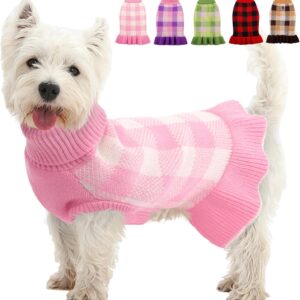 Pink Plaid Dog Sweater Dress Warm Knitwear with Leash Hole